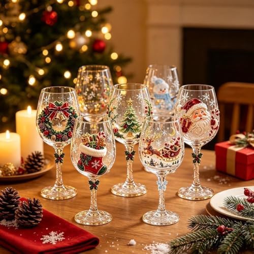 Christmas 3D Wine Glass Collection Gift Box Set, 3D Christmas Wine Glasses,Raised Holiday Goblet with Snowflake Decor,Festive Glassware,Holiday Party Decor,Wines & Cocktails,Table Decor (1pcs E)