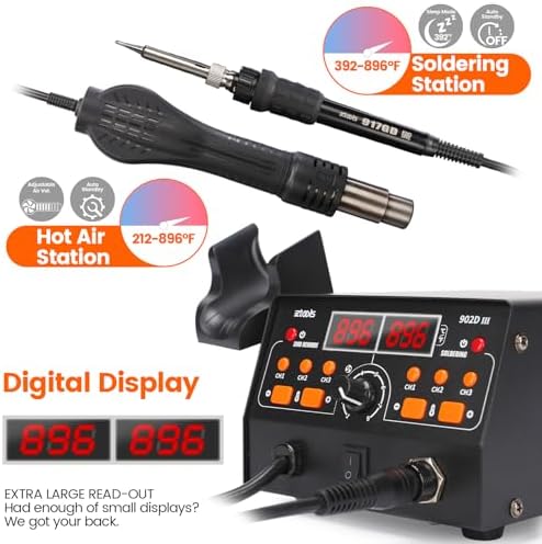 902D III Hot Air Soldering Station 2-IN-1 Kit with 3 Preset Channels, Small Silicone Work Mat, 4 Soldering Tips, 2 Lead-free Solder, Solder Sucker, ESD-Safe Tweezers