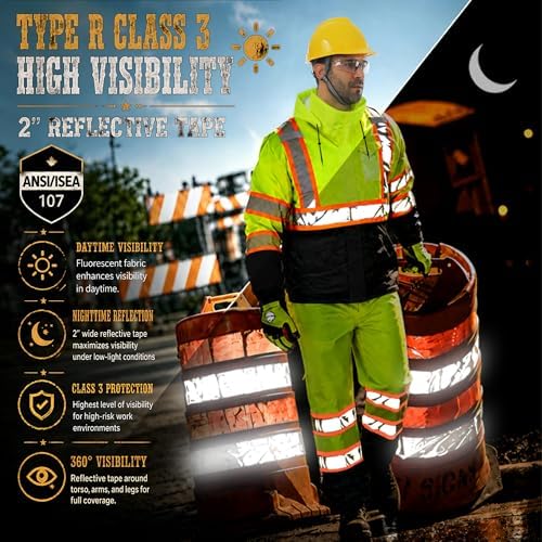 Rain Suits for Men Waterproof Reflective High Visibility Rain Gear Mens Heavy Duty, Hi Vis Rain Jacket & Pants with Black Bottom Class 3 ANSI/ISEA Compliant, Yellow Black 2XL/3XL