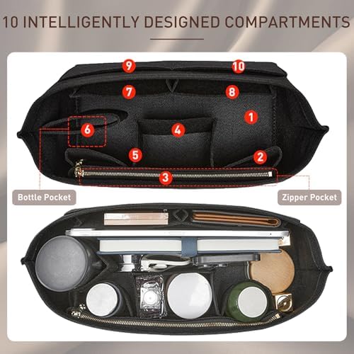 Doxo Purse Organizer Insert for Handbags & Base Shaper 2pc Set, Felt Neverfull GM Organizer Insert, Tote Bag Organizer with Zipper Pocket and Bottle Holder, Fit Neverfull GM and More, Black-XL