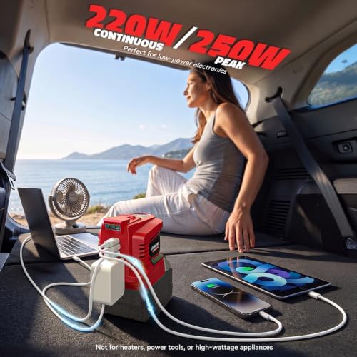LIVOWALNY 220-250W Power Inverter Compatible with Milwaukee 18V Battery - DC 18V to AC 110-120V Power Station with 1 AC Outlet - 2 USB 1 Type-C & LED Light for Camping Power Outage - Tool Only(2 Pack)