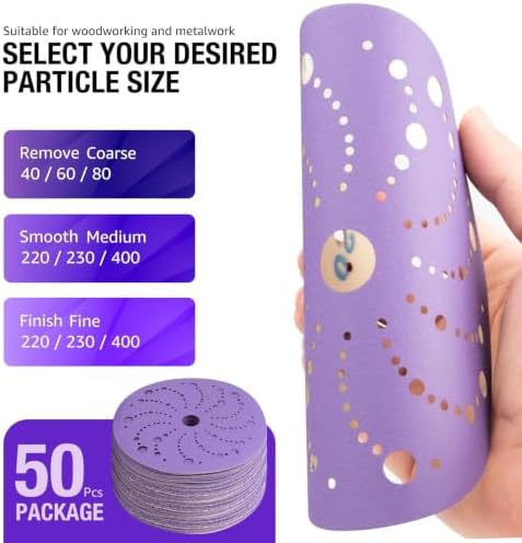 50 Pack 6 Inch Purple Ceramic Sanding Discs Multi-Hole Hook & Loop 150 Grit