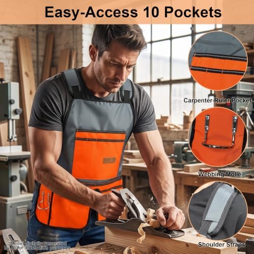 2-in-1 Chainsaw Protective Chaps and Apron Combo, Heavy Duty 900D Oxford Woodworking Tool Apron with 10 Pockets, Adjustable Safety Logger Chaps for Carpenter, Arborist, Gardening