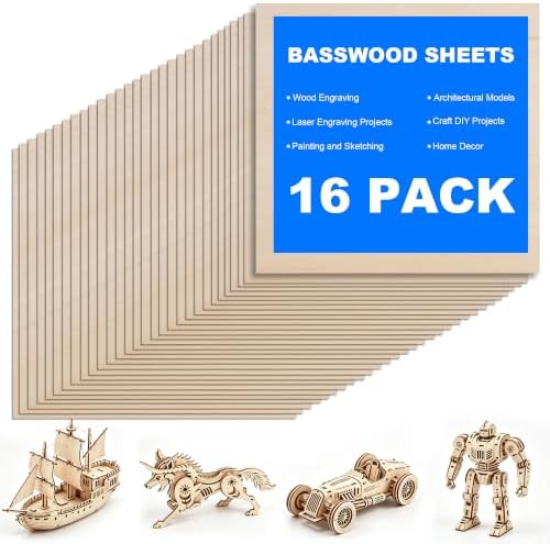 16-Pack of Basswood sheets 15.7‘ x 15.7’ x 1/8", 3mm thick plywood. Smooth surface, suitable for laser cutting, handicrafts, unpainted square wood panels, painting and DIY projects