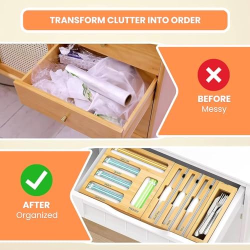 Storage Bag Organizer for Kitchen Drawer, Foil and Plastic Wrap with Cutter, Organizers Compatible Gallon, Quart, Sandwich Snack Size 9 in 1