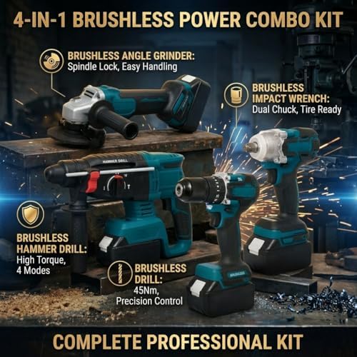 SELFIE CAT 4-Tool Brushless Cordless Power Tool Combo Kit, 4 Batteries