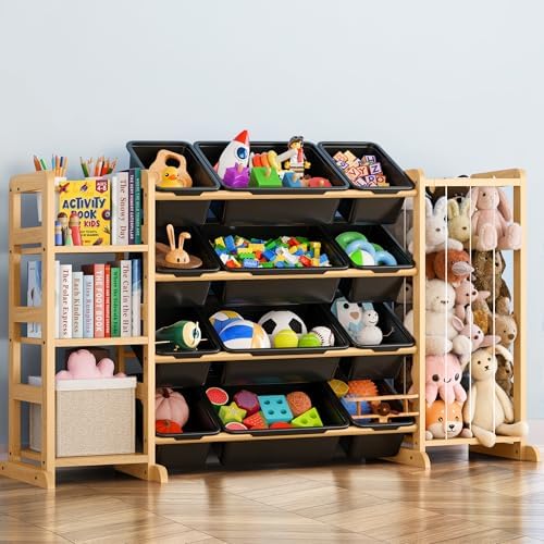 Toy Storage Organizer with Bookshelf and Stuffed Animal Storage - Kids Playroom Organization with 3 Shelves and 12 Toy Bins - Toddler Living Room Toy Box for Lego - Nursery Bedroom Decor Essential