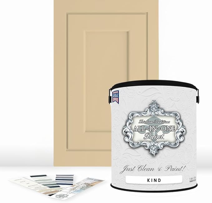 ALL-IN-ONE Paint by Heirloom Traditions, Kind (Buttery Yellow), Gallon - Durable cabinet and furniture paint. Built in primer and top coat, no sanding needed. Includes our 30 featured color card.