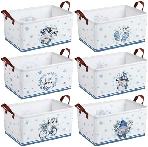CHENGU 6 Pack Winter Storage Basket Collapsible Snowflakes Basket for Gifts Gnomes Holiday Decor Large Snowman Bin Foldable Blue Hello Winter Box with Handle for Bedroom Office Home