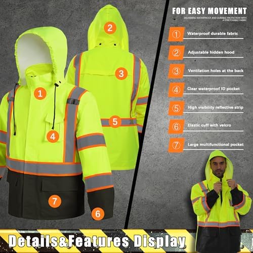 Hi Vis Safety Rain Jacket for Men Women Waterproof Breathable Rain Gears with Mesh Lining Black Bottom Lightweight Work Jacket (4XL/5XL)