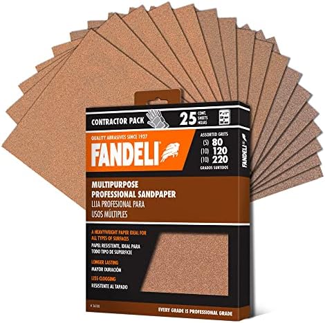Fandeli | Multi-Purpose Sanding Paper | Assorted Grits (80,120,220) | 25 Sheets of 9'' x 11'' | Perfect for Sanding Metal and Sanding Wood | Hand Sanding | Orbital Sanders