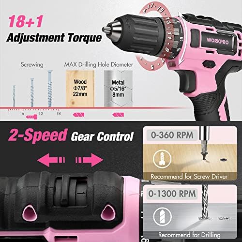 WORKPRO 20V Cordless Pink Drill Set for Women, Pink Tool Set with Bag