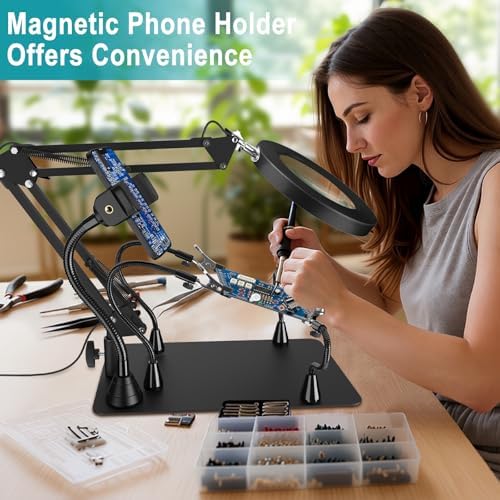 Helping Hands Soldering Station, 12X Magnifying Glass with Light with Phone Holder, 4 Magnetic Third Hand Soldering Tool, PCB Holder Magnifier Desk Lamp for Soldering Repair Jewelry Crafts