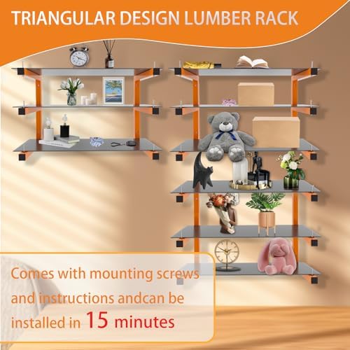 6 Pack Wall-Mounted Lumber Rack, Heavy Duty Wood Storage Racks, 9-Level System Garage Shelving, 1980 LBS Capacity Hanging Organizer Shelves, Orange Brackets Utility Metal Shelf for Indoor and Outdoor