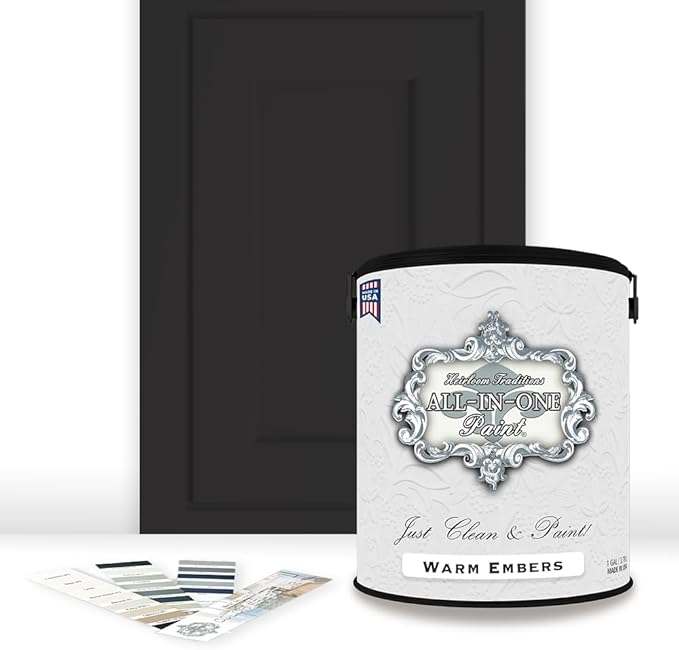 ALL-IN-ONE Paint by Heirloom Traditions, Warm Embers (Warm Black), Gallon - Durable cabinet and furniture paint. Built in primer and top coat, no sanding needed. Includes our 30 featured color card.