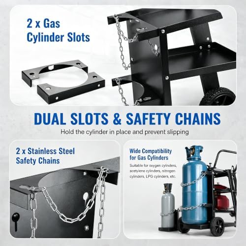 Welding Cart, 2-Tier Heavy Duty Welder Cart with 2 Drawers & Lockable Cabinet, 350LBS Load Capacity, Dual Cylinder Slots & Safety Chains, 360° Swivel Wheels for MIG Welder & Plasma Cutter