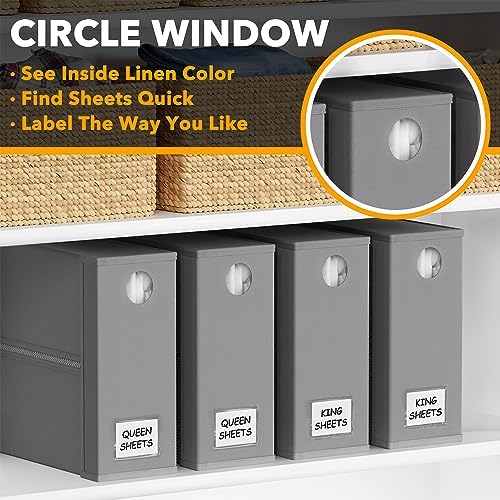 SpaceAid 4 Pack Bed Sheet Organizers and Storage, Foldable Organizer for Linen Closet, Sheets Set Folder Keeper with Window XL (Queen & King Size) Organizing Bedding Container, Gray 91ZDSN-SL01-G4