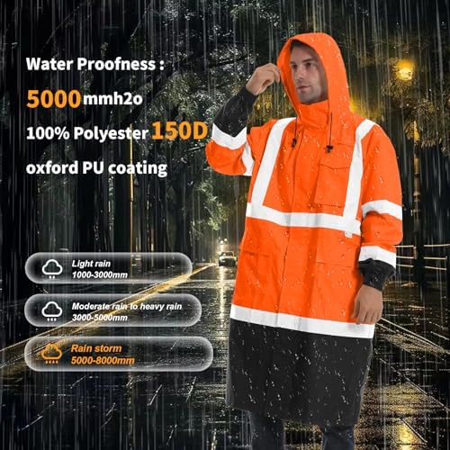 Hi Vis Rain Jacket with 3M Reflective Stripe,High Visibility Class 3 Rain coats,Safety Waterproof Rain Suits for Men with Hood and 2 Large Pockets construction work rain gear(Orange S)