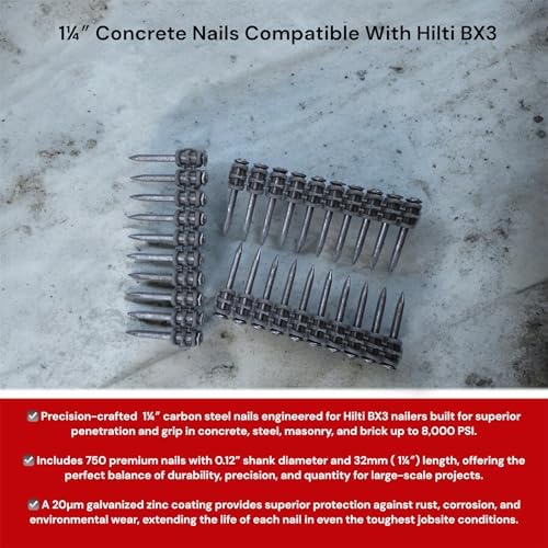 1¼″ Concrete Nails Compatible With Hilti BX3-750 Count Flat Head Shoot-Drive Nails with 20µm Galvanized Zinc Coating - Heavy-Duty Construction Fasteners for Commercial & Residential Projects