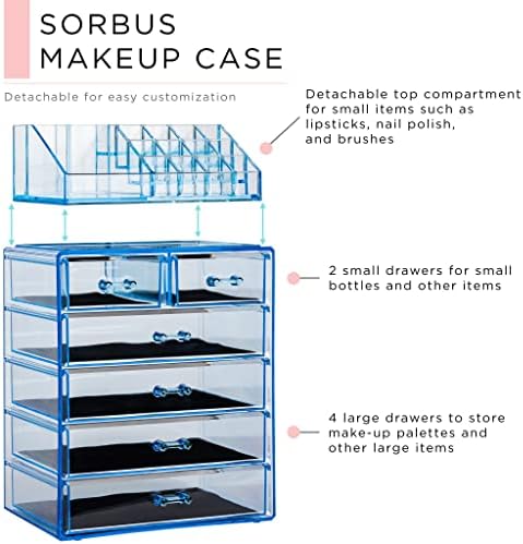Sorbus Makeup Organizer, 6-Drawer Acrylic 2-Piece Set (Blue Brilliance)