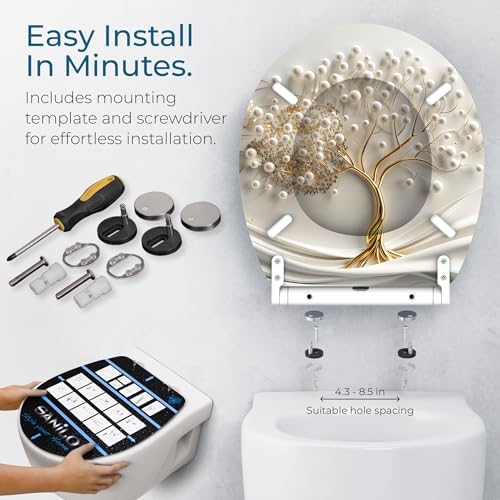 Sanilo Wooden Toilet Seat with Quick Release & Soft Close [ROUND] - Decorative & Slow Close Molded Wood Seat - With One Click for Easy Installation & Cleaning - With Adjustable Fit (Tree of Life)
