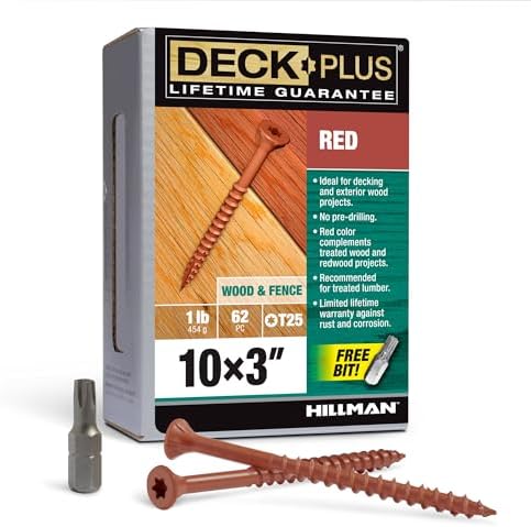 Deck Plus 3 Inch Epoxy Coated Exterior Wood and Fence Screws #10 x 3 Torx/Star Drive Included Coarse Thread, Outdoor Rust Resistant Decking Screw, Red, 1lb Box, 62 Pieces | 48432