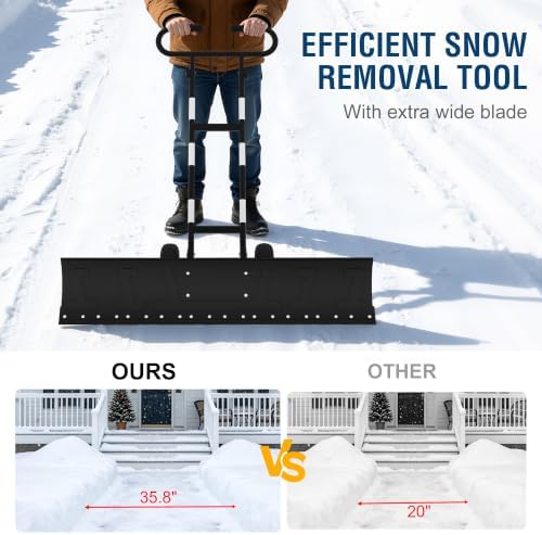 36-Inch Wheeled Snow Shovel, Galvanized Steel Snow Pusher with Wheels