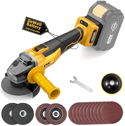 Brushless Angle Grinder, for DEWALT 20V Battery, 4-1/2" Cordless Small Angle Grinder with Auxiliary Handle, 10 Sandpapers, 2 Cutting & 2 Grinding Wheels, Pin Wrench, Lock-on Slide Switch for Polishing