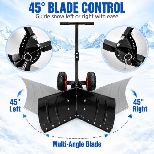 30 inch Snow Pusher with Wheels, Metal Snow Shovel for Driveway