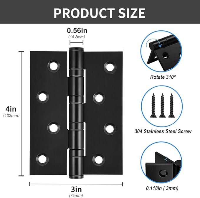 6 Packs of Square 4x3-inch Black Stainless Steel 3MM Thickened Door Hinges, Bearing Door Hinges, Window Hinges, Indoor and Outdoor Hinges with Screws