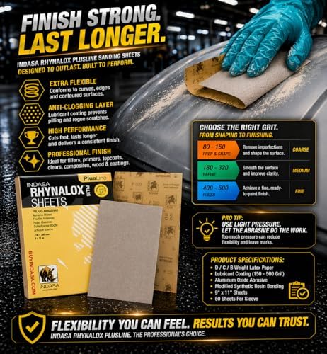 Indasa 50 PCS 9x11 Sandpaper Rhynalox Plusline - 280 Grit Dry Sanding Sheets, Professional-Grade Abrasive for Wood, Metal, Automotive, and Paint Finishing - Durable, Clog-Resistant Sand Paper