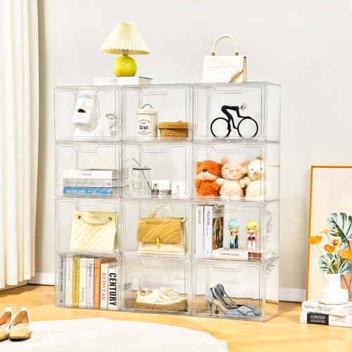 Purse Organizer for Closet,Clear Acrylic Display Case for Handbag Organizer, Purse Storage Box with Magnetic Door, Plastic Storage Bins for Book, Collectibles, Cosmetic (9 Pack)