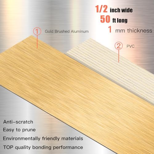 GSCIT Club Gold Edge Banding, 1/2 Inch x 50ft Aluminum Brushed Edge Banding Brass PVC Edge Trim for Cabinet Repair
