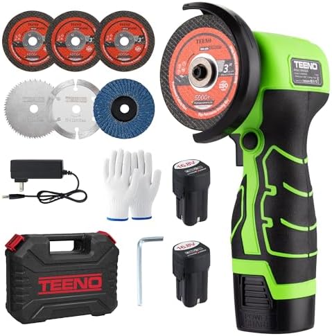 TEENO Cordless Angle Grinder 3 Inch, 19,500 RPM Mini Electric Angle Grinding Tool with 2 pcs 2000mAh Batteries and 6 Cutting Discs, 16.8V Handheld Grinder for Metal/Wood Cutting and Grinding