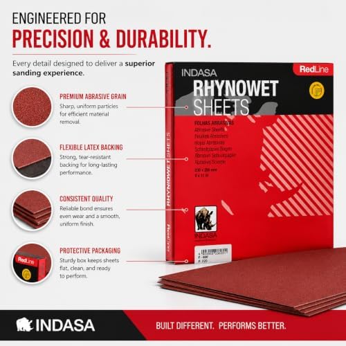 INDASA Rhynowet Red Line Wet Dry Sanding Sheets 9 x 11 Inch 100 Grit Waterproof Latex Backing Abrasive Paper for Wood Metal Automotive Surface Prep Pack of 50