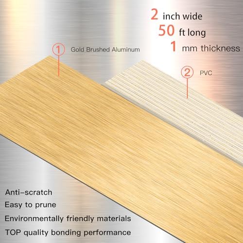 GSCIT Club Gold Edge Banding, 2 Inch x 50ft Aluminum Brushed Edge Banding PVC Edge Trim for Cabinet Repair Furniture