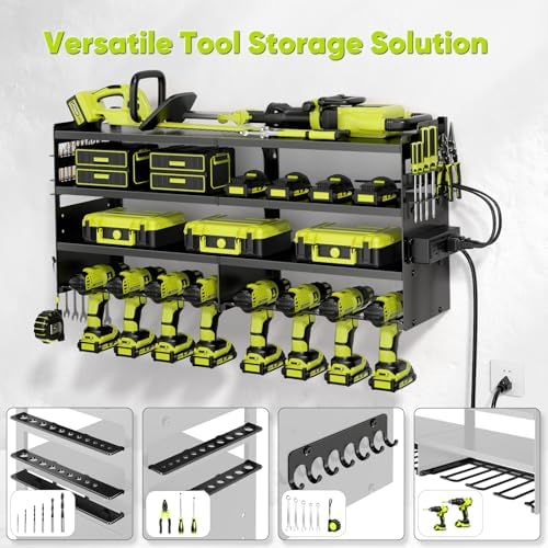 POKIPO Large Power Tool Organizer Wall Mount with Charging Station,4 Layer Heavy Duty Metal Tool Storage Rack Loads 600lbs with 8 Cordless Drill Holder,Battery Utility Rack Loads with 4 Power Strip