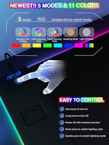 Mouse Pad with 15W Magnetic Wireless Charging 31.5x15.75 Inch, RGB Mousepad for Desk Mat, XXL Desk Pad with 11 Colors & 5 Modes, Home Office Large Keyboard Pad Waterproof Non-Slip for Gaming PC Setup