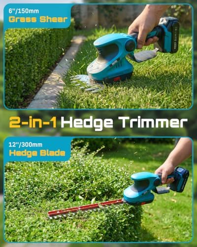 Seesii 2-in-1 20V Cordless Hedge Trimmer 12" & Grass Shear, 2 Batteries