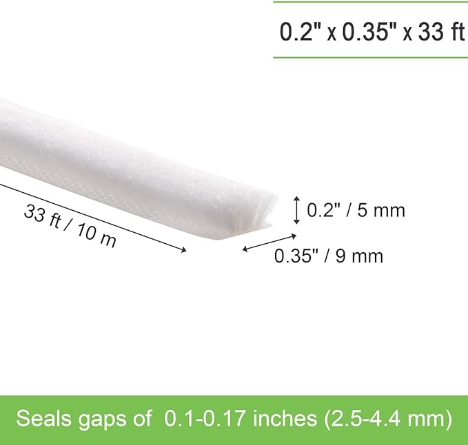 Self-Adhesive Weather Stripping Seal for Doors & Windows – Soundproof Insulation Gap Filler for Sliding, Exterior, Front, and Jamb Frames – 0.2" x 0.35" x 33 ft, White