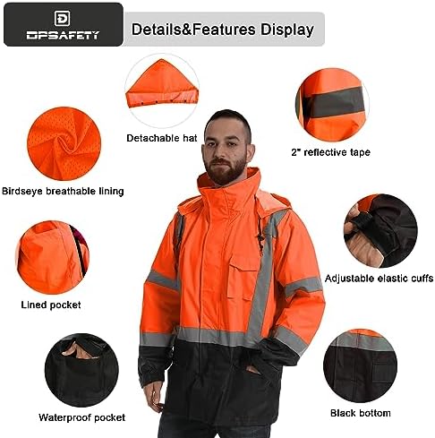 Reflective Rain jackets for men waterproof,Hi Vis Safety Coat With Reflective Strips，High Visibility Class 3 Rain jackets With 2 large pockets，Zipper,Black Bottom Orange,4XL/5XL