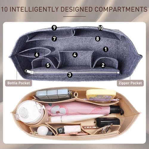 Doxo Purse Organizer Insert for Handbags & Base Shaper 2pc Set, Felt Neverfull MM Organizer Insert, Tote Bag Organizer with Zipper Pocket and Bottle Holder, Fit Speedy 30 Neverfull MM and More,Gray-L