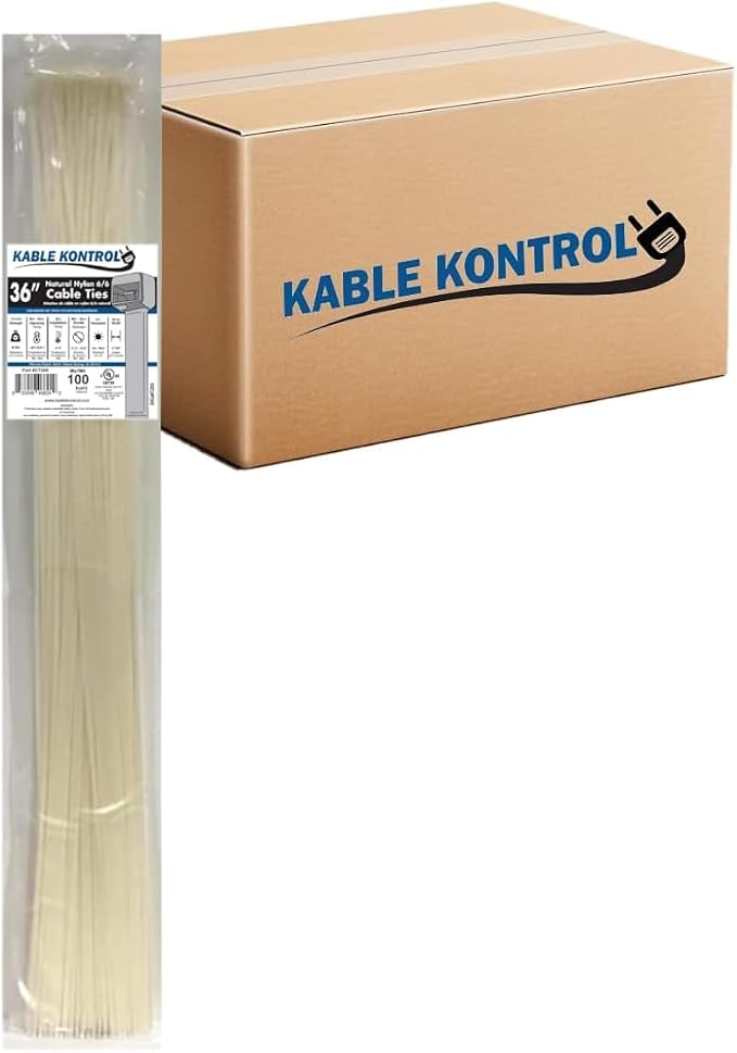 Kable Kontrol Cable Zip Ties, 36 Inch, 1000 Pcs, 50lbs Test, Natural White | Nylon Plastic, Self Locking, UL Listed, Indoor Use