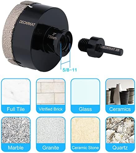 Diamond Hole Saw, 3" Hole Saw for Tiles Granite Marble Ceramic Glass Porcelain, 75mm Core Drill Bit with 5/8-11 Thread and 3/8” Hex Shank Adapter for Angle Grinders & Drills