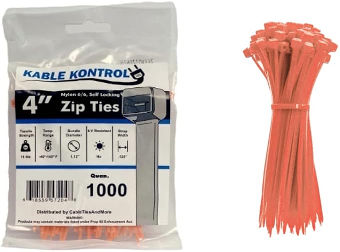 Kable Kontrol Cable Zip Ties, 4 Inch, 1000 Pcs, 18lbs Test, Orange | Nylon Plastic, Self Locking, UL Listed, Indoor Use