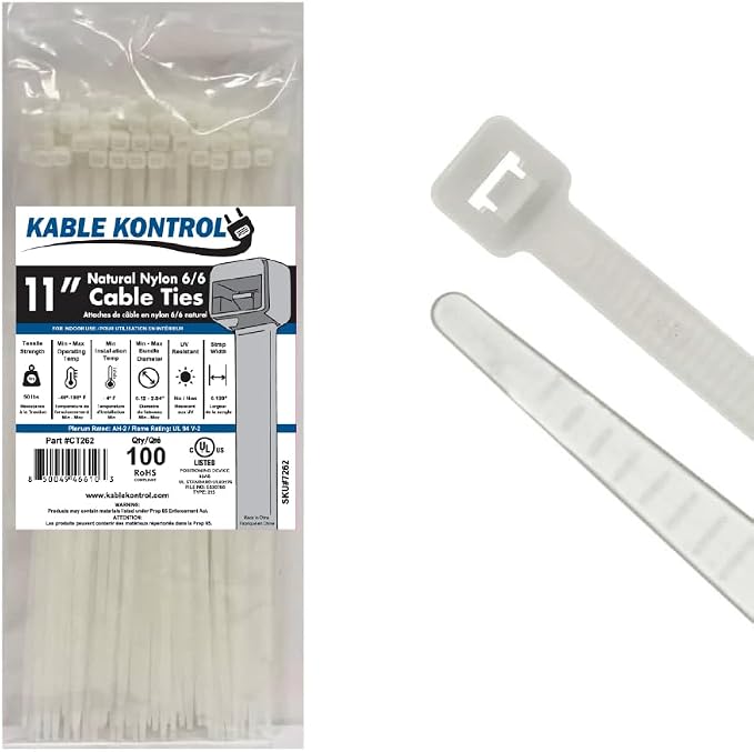 Kable Kontrol Cable Zip Ties Natural White 100 Pcs 11 Inch, 50 Lbs Tensile Strength, Self-locking Natural Nylon Clear Plastic Wire Ties wraps for Indoor or Outdoor Use