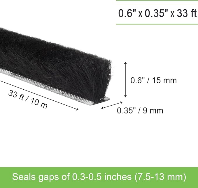 Self-Adhesive Weather Stripping Seal for Doors & Windows – Soundproof Insulation Gap Filler for Sliding, Exterior, Front, and Jamb Frames – 0.6" x 0.35" x 33 ft, Black