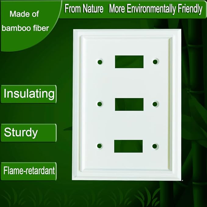 Wall Plates, Duplex Outlet Covers, Toggle Light Switch Plates, Decorator Light Switch Cover, Bamboo Fiber Material Wall Plate, Standard Size Wall Plates of various styles, White (3 Gang Toggle 1 Pack)