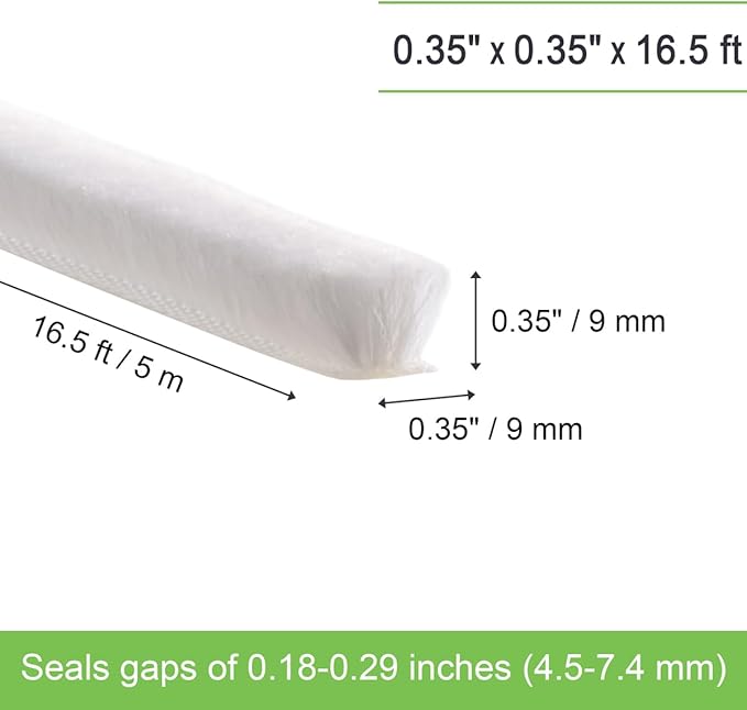 Self-Adhesive Weather Stripping Seal for Doors & Windows – Soundproof Insulation Gap Filler for Sliding, Exterior, Front, and Jamb Frames – 0.35" x 0.35" x 16.5 ft, White