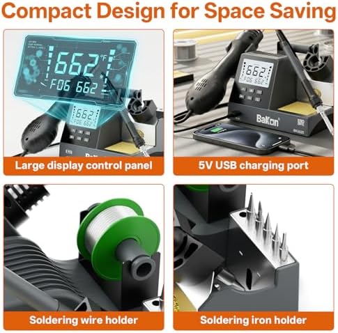 BK602S 2 in1 Soldering Iron Hot Air Rework Station,Digital Soldering Welding Iron Kit for Electronic DIY Circuit Work, Rapid Heat up Solder Station,Auto Sleep,ºC/ºF Conversion